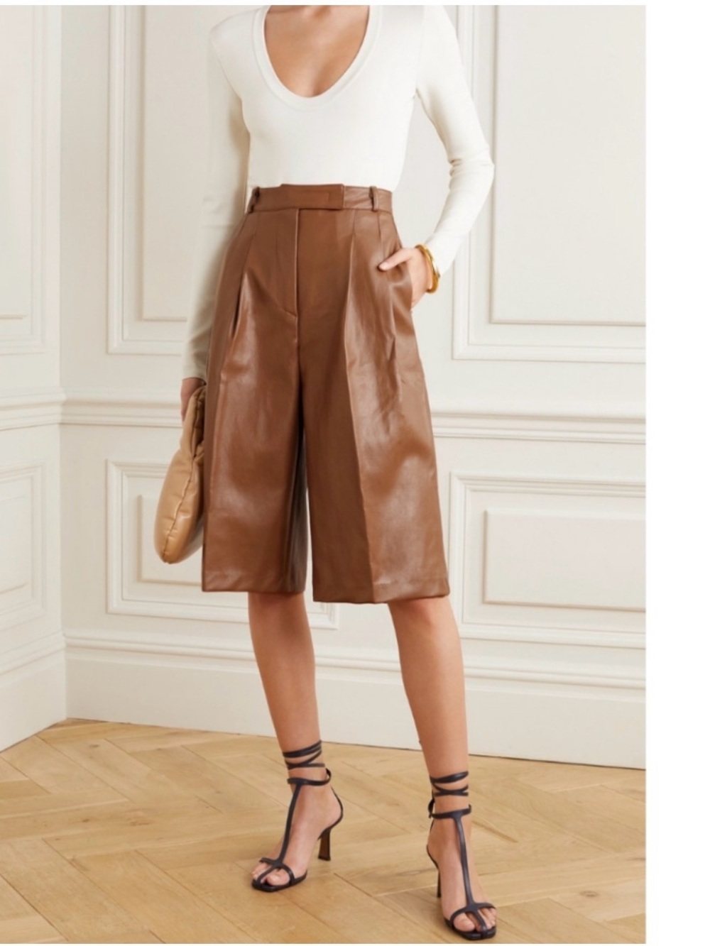 The Frankie Shop Pernille Pleated Faux Leather Shorts in Brown